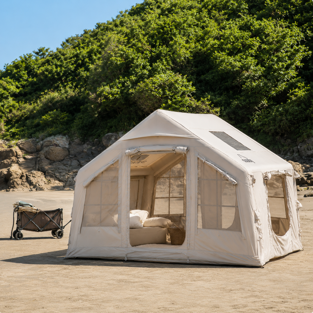 opblaasbare tent 8 personen Coody Air 8.0 Campingplatz Nehren Find and rock-climbing Color:Pure black.